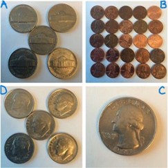 WODB Exercise: Coins arranged in four quadrants labeled A-D: A: 5 nickels, B: 25 pennies, C: 5 dimes, D: 1 quarter