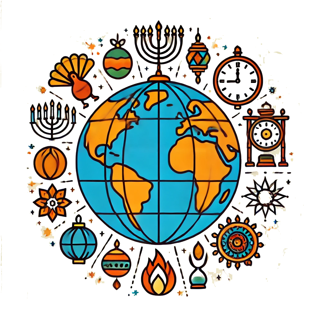 A globe surrounded by global holiday symbols.