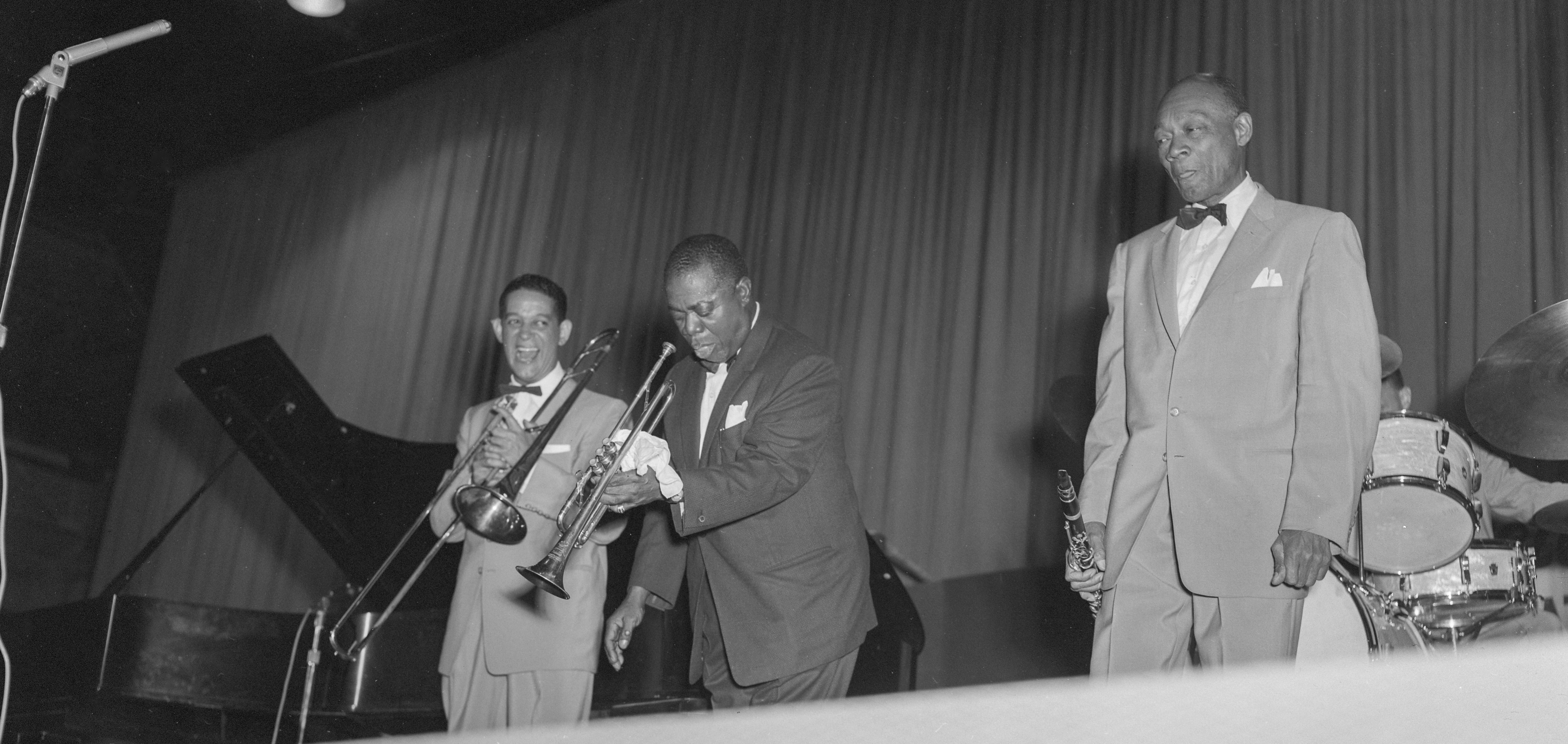 Louis Armstrong and the All-Stars Edmonton Gardens playing music. Image from Provincial Archives of Alberta.