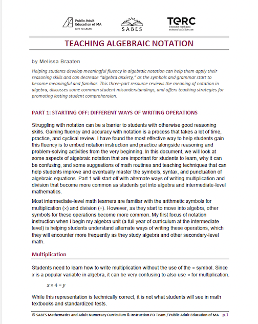 Teaching Algebraic Notation cover page