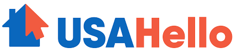 Logo of the organization a house and words USAHello in red,white, and blue