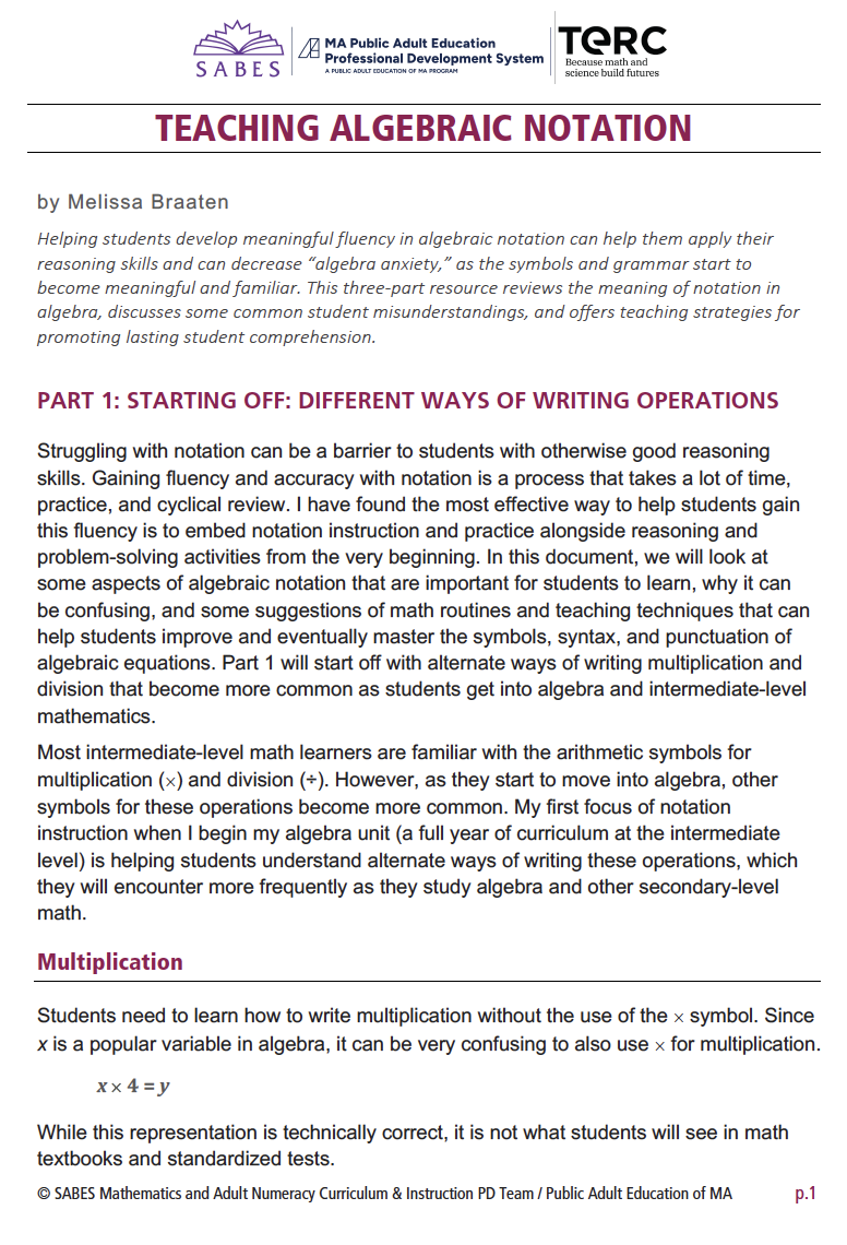 teaching algebraic notation cover