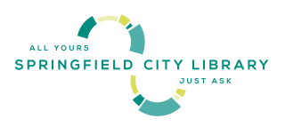Springfield City Library logo in green, white, and yellow. There is a curving upside down S similar to an infinity sign. The text says Springfield City Library: All Yours, Just Ask