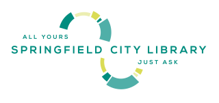Logo in greens and yellows looping around the text Springfield City Library All Yours, Just Ask