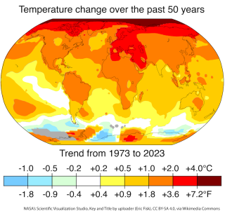 global temperature change map, 1973-2023