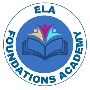 ELA Foundations Academy logo. An open book with a yellow figure, magenta figure, and teal figure rising from the centerfold. 